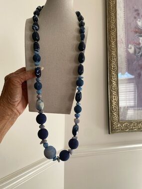 Long Beaded Statement Necklace - Navy and Light Blue